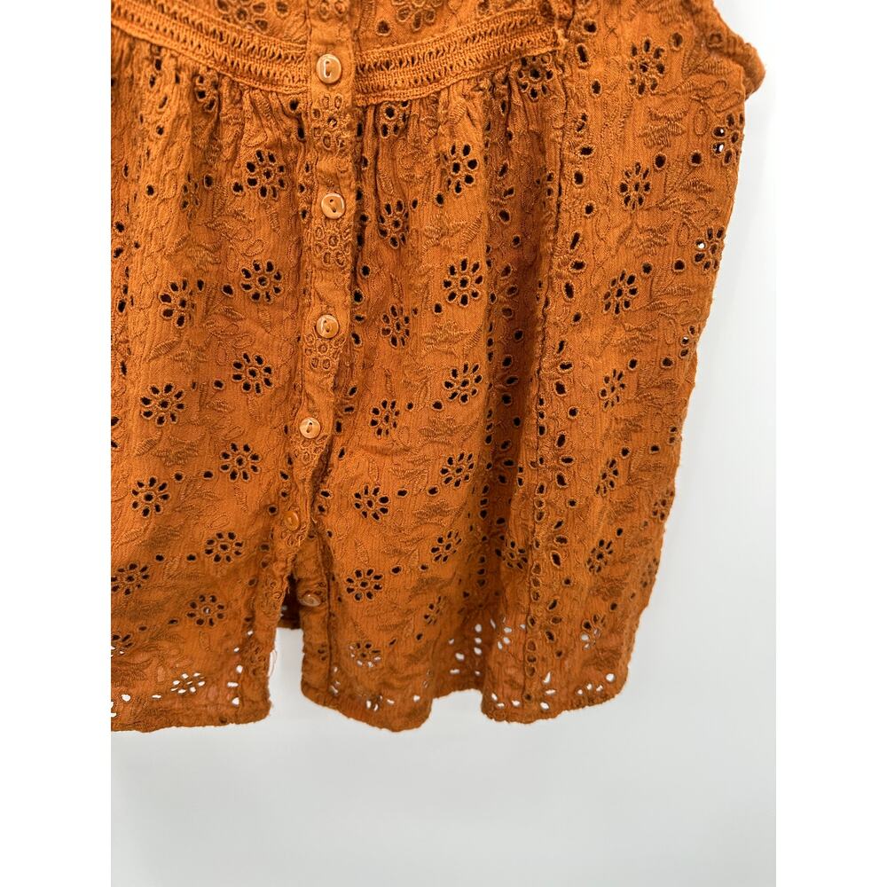 Lucky Brand Top‎ Womens Sz S Burnt Orange Lace Ruffle Button Front Boho Earthy - Picture 6 of 7